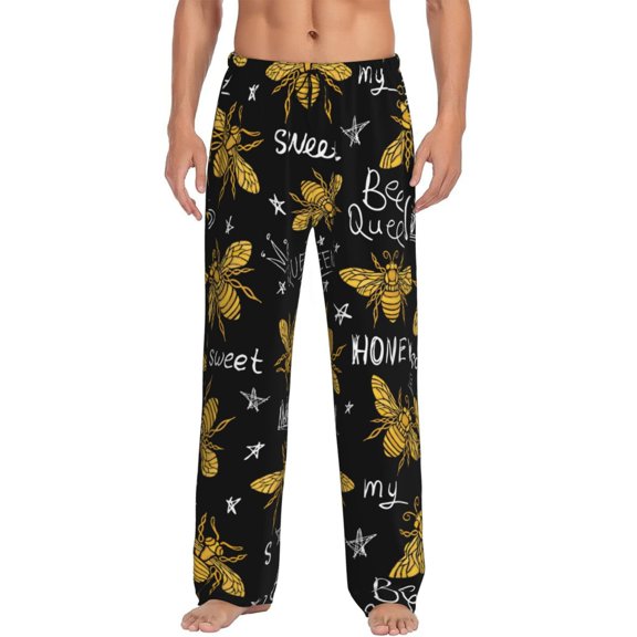 Balery Men'S Hohey Bee Golden Embroidery Pants,Sleepwear Pants,Pajama Pants,Pj Bottoms Drawstring And Pockets-Small