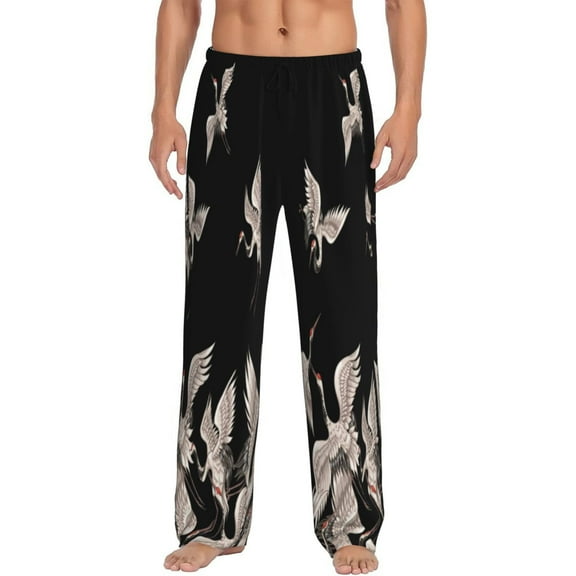 Balery Men'S Japanese White Crane Pants,Sleepwear Pants,Pajama Pants,Pj Bottoms Drawstring And Pockets-Medium