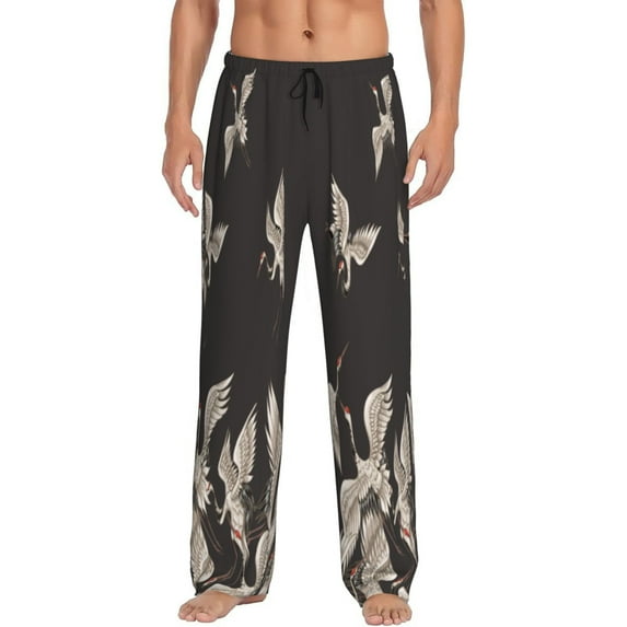 Balery Men'S Japanese White Cranes Pants,Sleepwear Pants,Pajama Pants,Pj Bottoms Drawstring And Pockets-Small