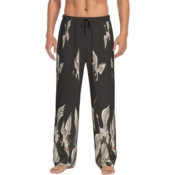 Balery Men'S Japanese White Cranes Pants,Sleepwear Pants,Pajama Pants,Pj Bottoms Drawstring And Pockets-Small