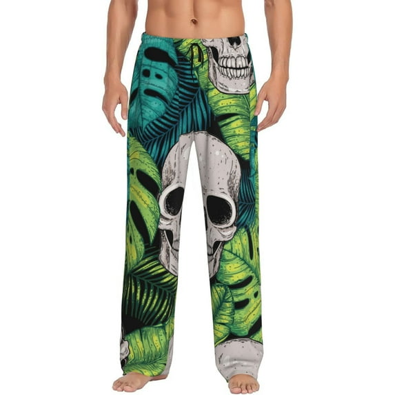 Balery Men'S Skull And Palm Leaves Pants,Sleepwear Pants,Pajama Pants,Pj Bottoms Drawstring And Pockets-Small