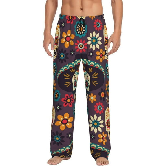 Balery Men'S Skulls And Flowers Pants,Sleepwear Pants,Pajama Pants,Pj Bottoms Drawstring And Pockets-Small