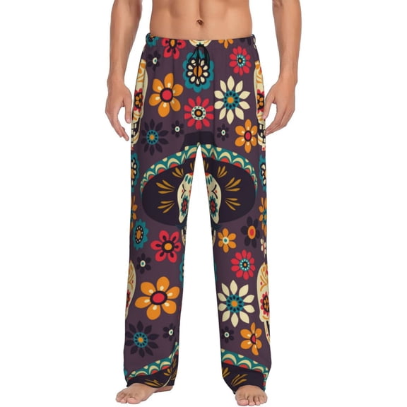 Balery Men'S Skulls And Flowers Pants,Sleepwear Pants,Pajama Pants,Pj Bottoms Drawstring And Pockets-Small