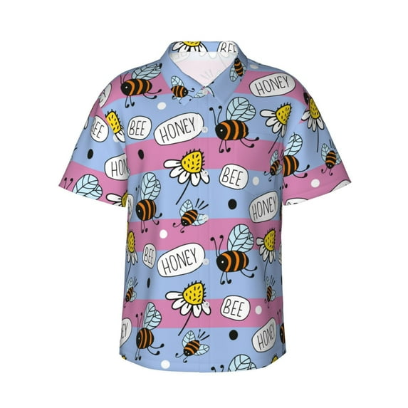 Balery Bees And Daisies Striped Print Men's Hawaiian Shirts Short Sleeve Beach Shirt Relaxed Fit Vacation Button Down Shirts-Small
