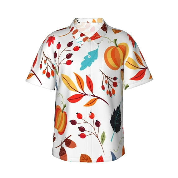 Balery Autumn Pumpkins Fall Leaves Print Men's Hawaiian Shirts Short Sleeve Beach Shirt Relaxed Fit Vacation Button Down Shirts-X-Large