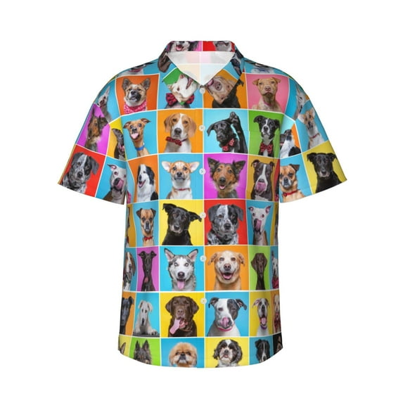 Balery Cute Dogs Collage Print Men's Hawaiian Shirts Short Sleeve Beach Shirt Relaxed Fit Vacation Button Down Shirts-Small