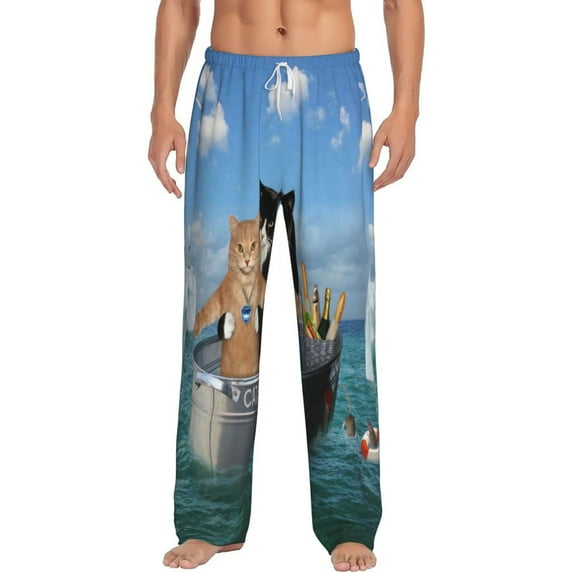 Balery Men'S Two Brave Cats Are Floating On The Sea Iceberg Pants,Sleepwear Pants,Pajama Pants,Pj Bottoms Drawstring And Pockets-Small