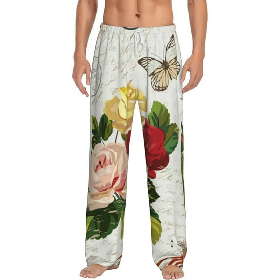 Balery Men'S Vintage Bike Flower Butterfly Pants,Sleepwear Pants,Pajama Pants,Pj Bottoms Drawstring And Pockets-Small