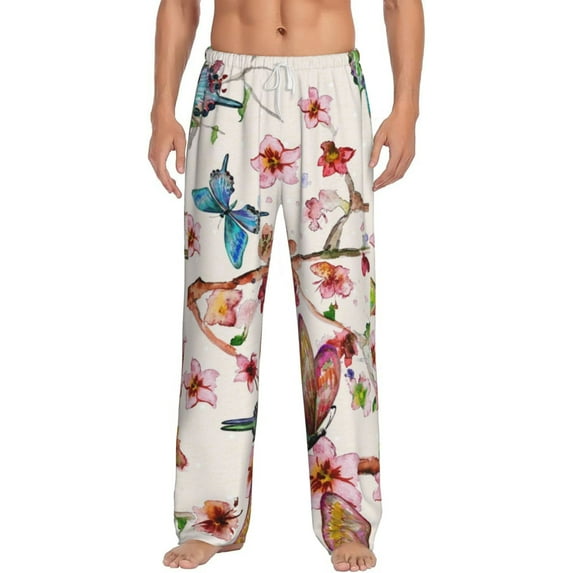Balery Men'S Watercolor Floral With Butterflies Pants,Sleepwear Pants,Pajama Pants,Pj Bottoms Drawstring And Pockets-Large