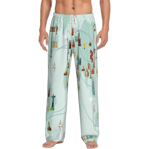 Balery Men'S World Travel Map Pants,Sleepwear Pants,Pajama Pants,Pj Bottoms Drawstring And Pockets-Small