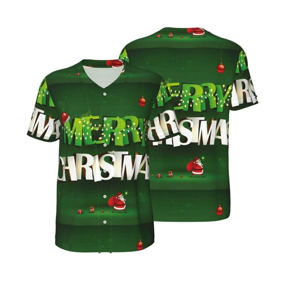 Balery Merry Christmas Baseball Jersey for Men Casual Button Down Shirts Short Sleeve Active Team Sports Uniform-Small