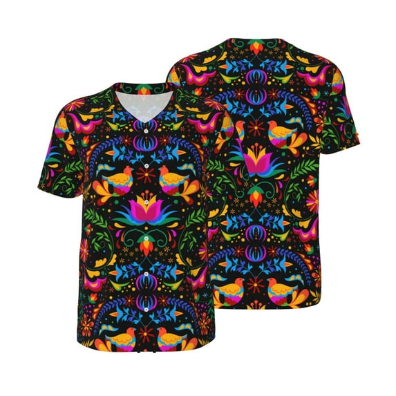 Balery Mexican Flower Traditional1 Baseball Jersey for Men Casual Button Down Shirts Short Sleeve Active Team Sports Uniform-3X-Large