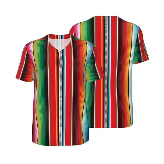 Balery Mexican Serape Blanket Stripes Baseball Jersey for Men Casual Button Down Shirts Short Sleeve Active Team Sports Uniform-X-Large