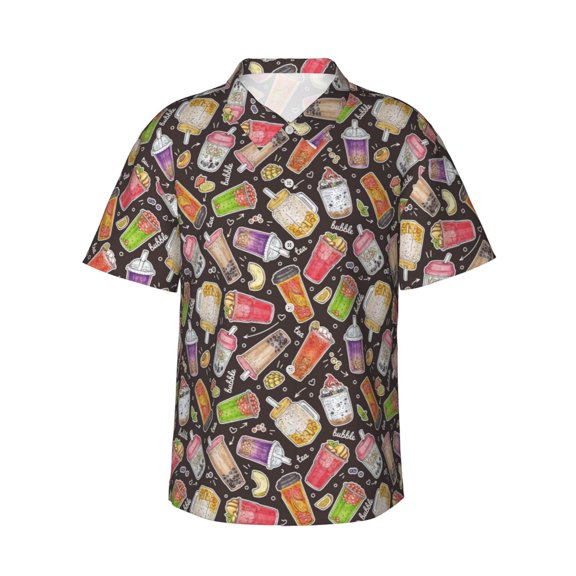 Balery Milk Tea Print Men's Hawaiian Shirts Short Sleeve Beach Shirt Relaxed Fit Vacation Button Down Shirts-Medium