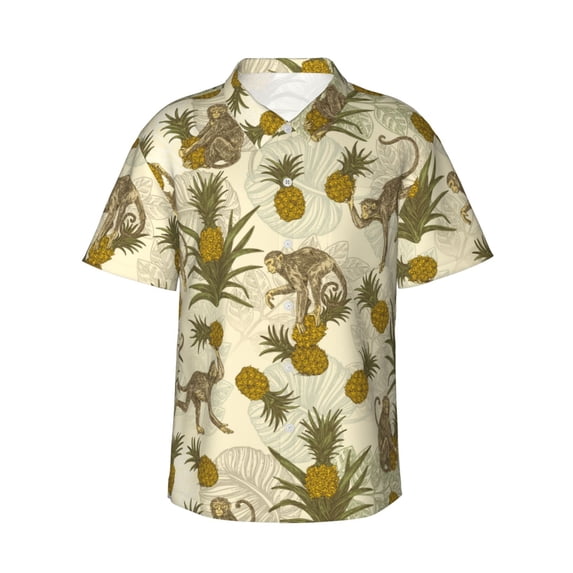 Balery Monkeys and Pinealpples Print Men's Hawaiian Shirts Short Sleeve Beach Shirt Relaxed Fit Vacation Button Down Shirts-3X-Large