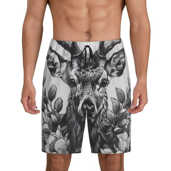 Balery Monochrome Deer Floral Men's Cotton Knit Pajama Shorts Waistband & Pockets,Short Pajama Pants-3X-Large