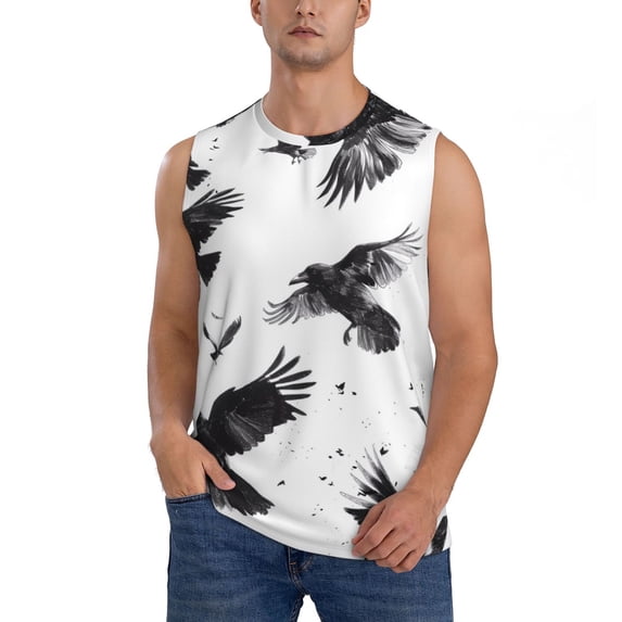 Balery Monochrome Flying Ravens Men's Sleeveless Muscle Shirts Workout Tank Top, Moisture Wicking, Odor Protection-3X-Large