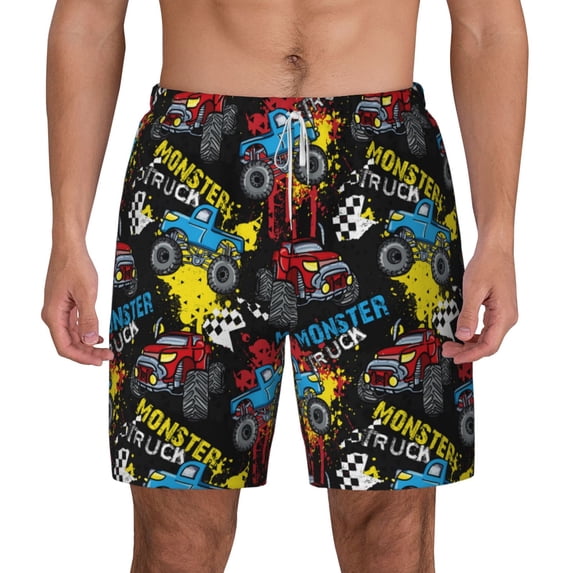 Balery Monster Car Mens Swim Trunks Swim Shorts for Men Quick Dry Inseam Beach Shorts with Compression Liner Pocket-XX-Large