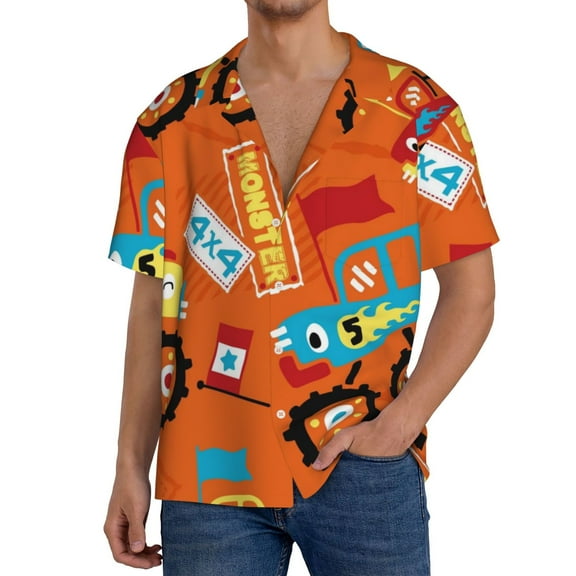 Balery Monster Truck Men's Casual Button Down Shirt Short Sleeve Textured Summer Cuban Beach Shirts-Medium