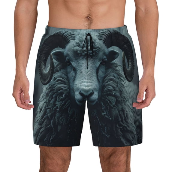 Balery Moody Ram Portrait Mens Swim Trunks Swim Shorts for Men Quick Dry Inseam Beach Shorts with Compression Liner Pocket-Medium