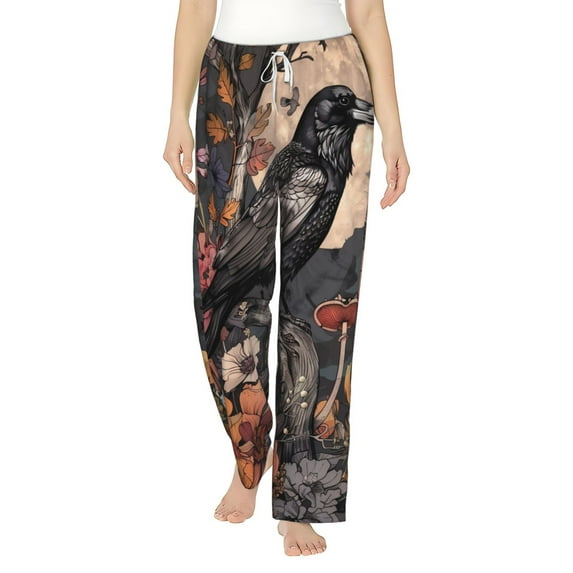 Balery Moonlit Crow Blossoms print Women's Pajama Pants,Ultra Lightweight Pjs,Lounge Pant-Small