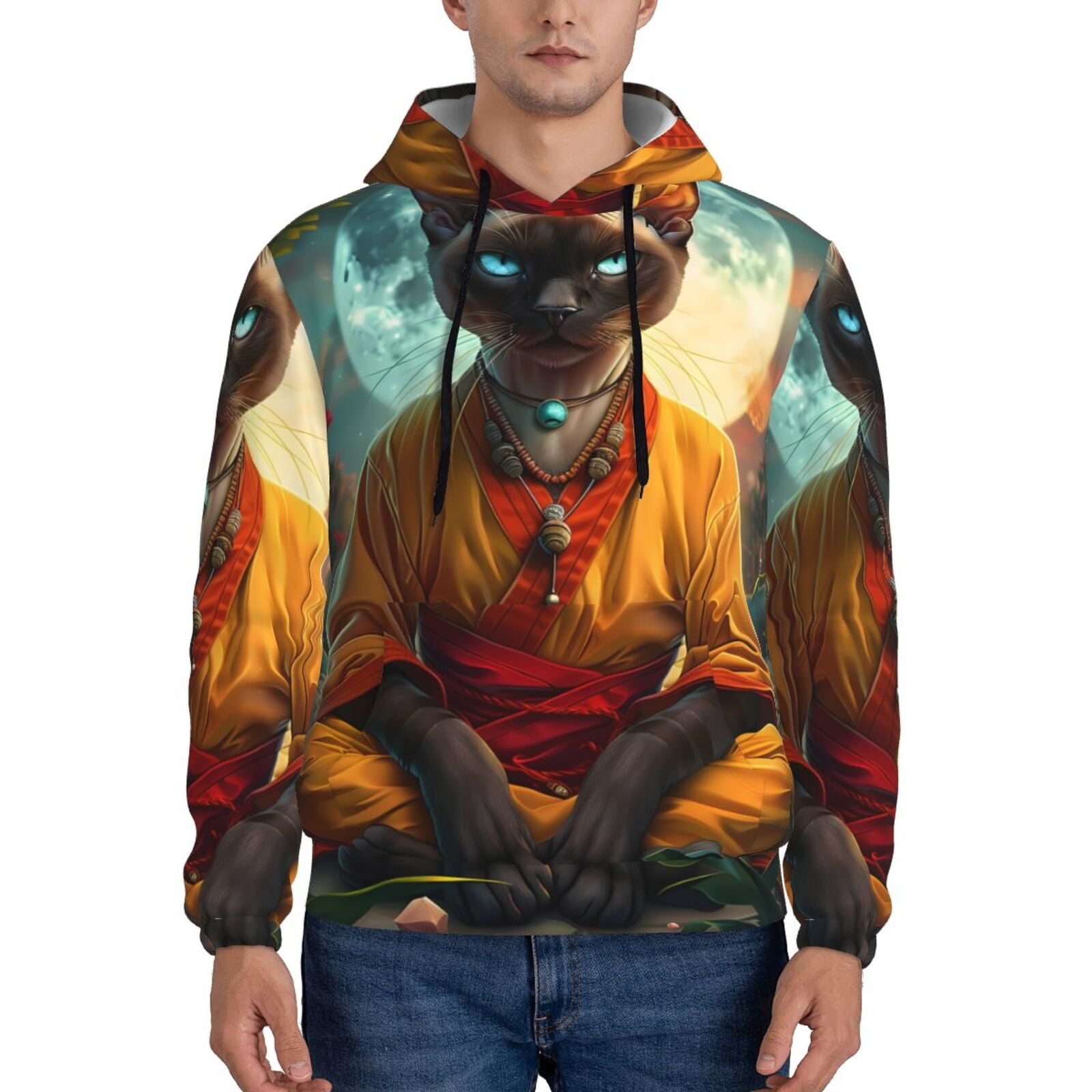 Balery Moonlit Hairless Cat Monk Pattern Mens Hoodie Kangaroo Pocket