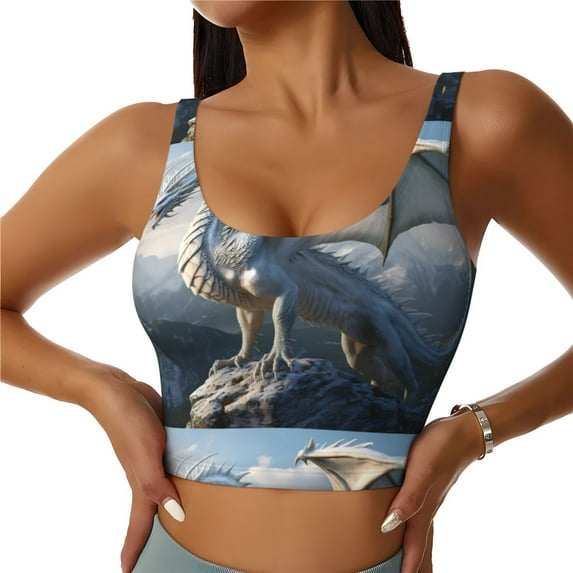 Balery Mountain White Dragon Pattern Racerback Sports Bras for Women - Padded Seamless High Impact Support for Yoga Gym Workout Fitness-X-Large