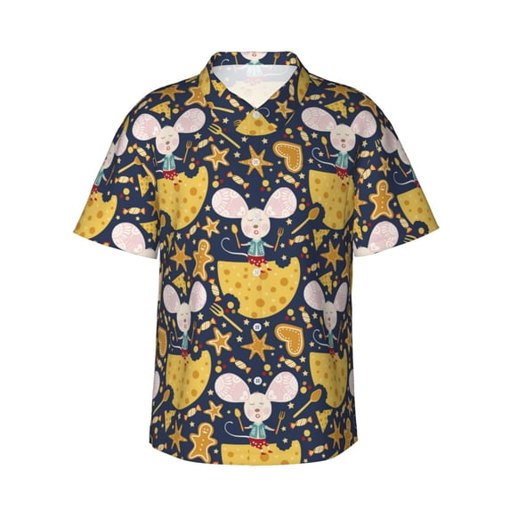 Balery Mouse Cheese Print Men's Hawaiian Shirts Short Sleeve Beach Shirt Relaxed Fit Vacation Button Down Shirts-Small