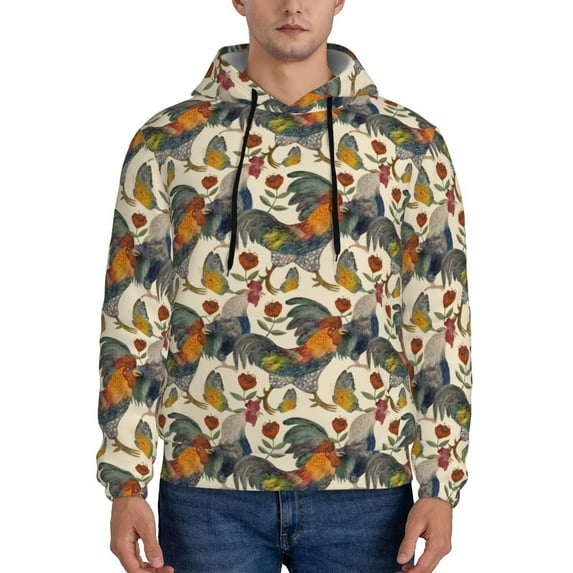 Balery Multi-Colored Roosters Pattern Mens Hoodie Kangaroo Pocket Hoodie Pullover Hooded Sweatshirt Ideal for Daily Wear Travel and Home-4X-Large