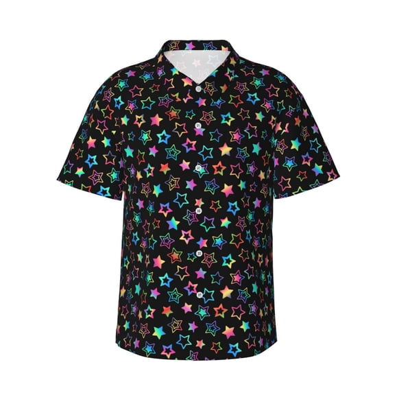 Balery Multi-Colored Stars Print Men's Hawaiian Shirts Short Sleeve Beach Shirt Relaxed Fit Vacation Button Down Shirts-3X-Large