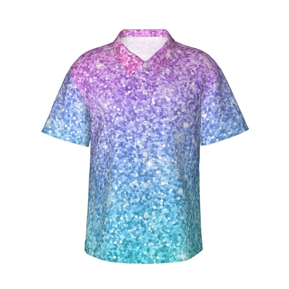 Balery Multicolor Glitter Print Men's Hawaiian Shirts Short Sleeve Beach Shirt Relaxed Fit Vacation Button Down Shirts-XX-Large