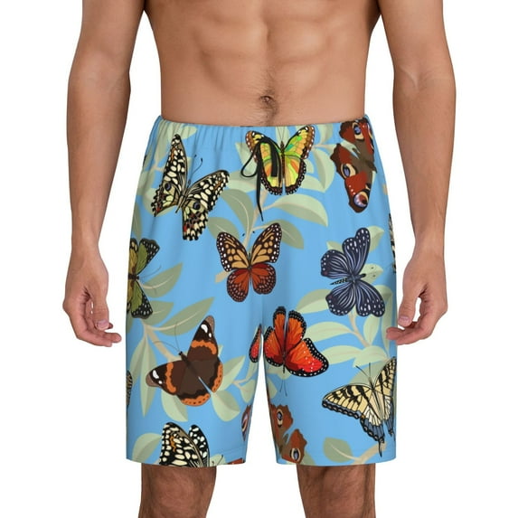Balery Multicolored Butterflies Men's Cotton Knit Pajama Shorts Waistband & Pockets,Short Pajama Pants-3X-Large