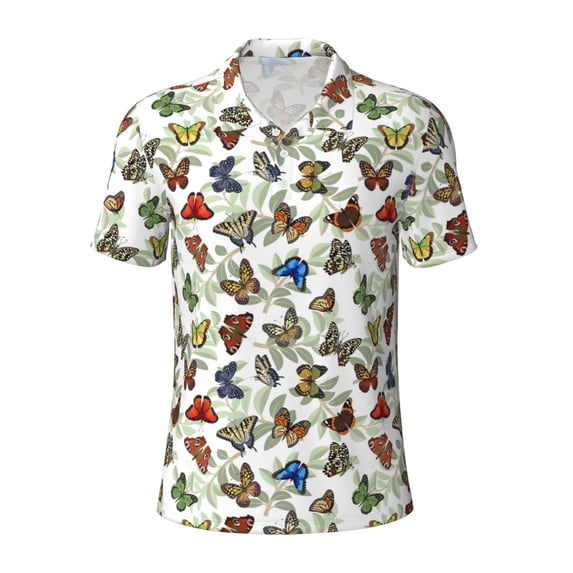 Balery Multicolored Butterflies Printed Men’s Short Sleeve Polo Shirt, Midweight Men's Shirt,Golf Polo shirts -Medium