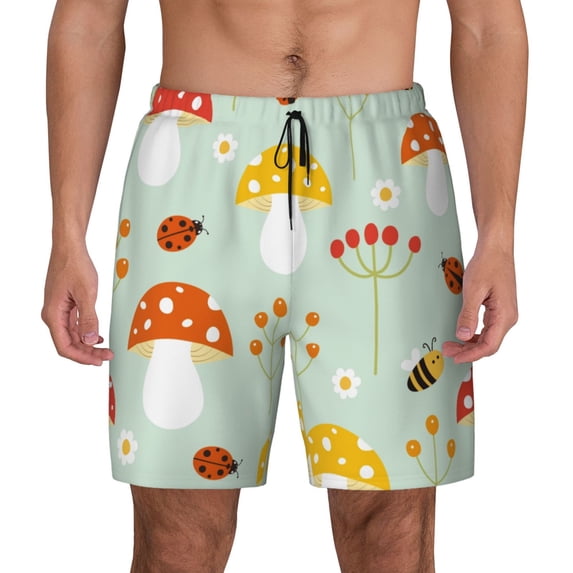 Balery Mushroom Bee Mens Swim Trunks Swim Shorts for Men Quick Dry Inseam Beach Shorts with Compression Liner Pocket-XX-Large