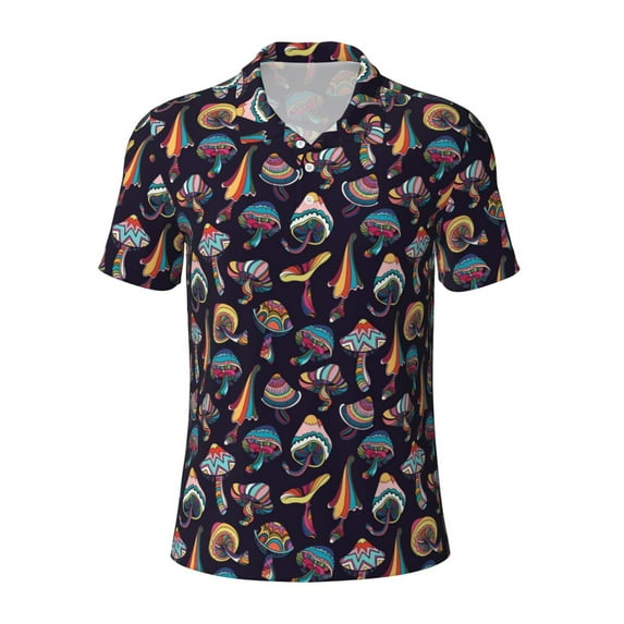Balery Mushroom Doodle Printed Men’s Short Sleeve Polo Shirt, Midweight Men's Shirt,Golf Polo shirts -XX-Large