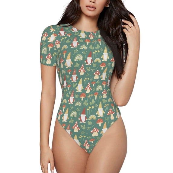 Balery Mushrooms Gnome Women's Short Sleevee Crew Neck Bodysuit Tops Short Sleeve Tops Basic-Small