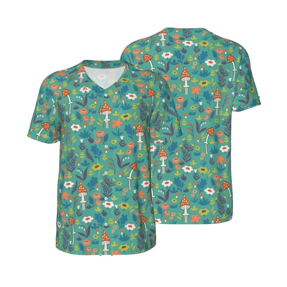 Balery Mushrooms and Flowers Baseball Jersey for Men Casual Button Down Shirts Short Sleeve Active Team Sports Uniform-Small