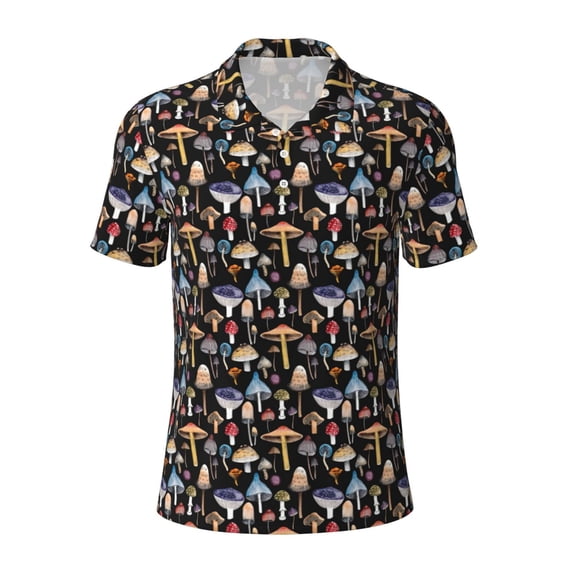 Balery Mushrooms and Leaves Printed Men’s Short Sleeve Polo Shirt, Midweight Men's Shirt,Golf Polo shirts -X-Large
