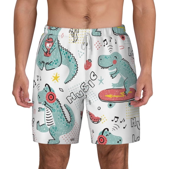 Balery Music Lover Dinosaur Mens Swim Trunks Swim Shorts for Men Quick Dry Inseam Beach Shorts with Compression Liner Pocket-Large