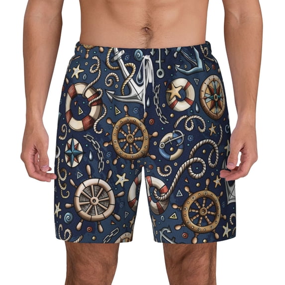 Balery Nautical Mens Swim Trunks Swim Shorts for Men Quick Dry Inseam Beach Shorts with Compression Liner Pocket-Small