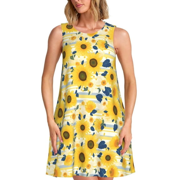 Balery Navy Blue Leaf Sunflower Pattern Women’s Summer Dresses – Loose Sleeveless Sundress, Casual and Comfortable Beach Dress for Hot Days