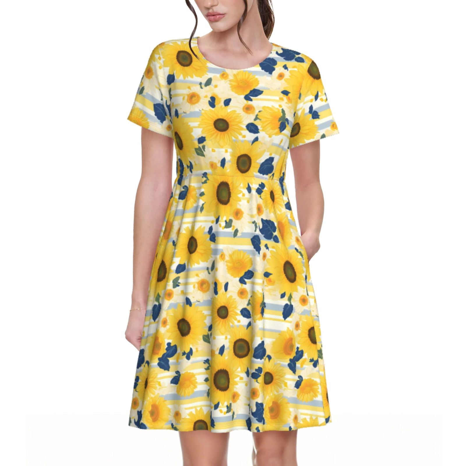 Balery Navy Blue Leaf Sunflower Pattern Womens Dresses Loose Short ...