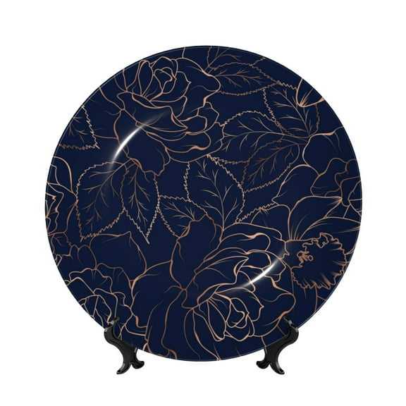 Balery Navy Dark Blue Print Bone China Decorative Plate Ceramic Dinner Plates Art Crafts with Display Stand-6in