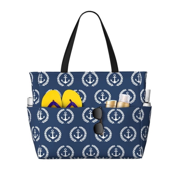 Balery Navy Nautical Beach Travel Bag - Water-Resistant, Large Capacity Lightweight Tote with 7 Pockets for Women and Men - Perfect for Beach, Pool, Gym, and Travel