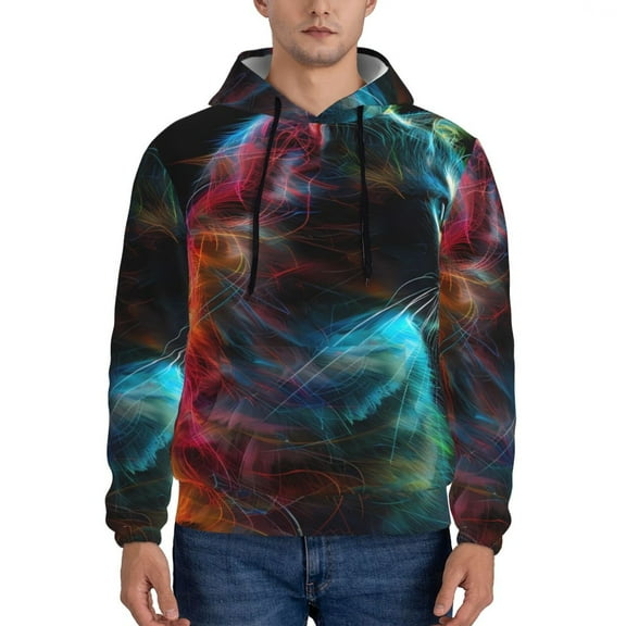 Balery Neon Spectrum Cat Portrait Pattern Mens Hoodie Kangaroo Pocket Hoodie Pullover Hooded Sweatshirt Ideal for Daily Wear Travel and Home-XX-Large