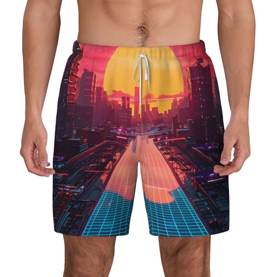 Balery Neon Sunset Cyberpunk Cityscape Mens Swim Trunks Swim Shorts for Men Quick Dry Inseam Beach Shorts with Compression Liner Pocket-Medium