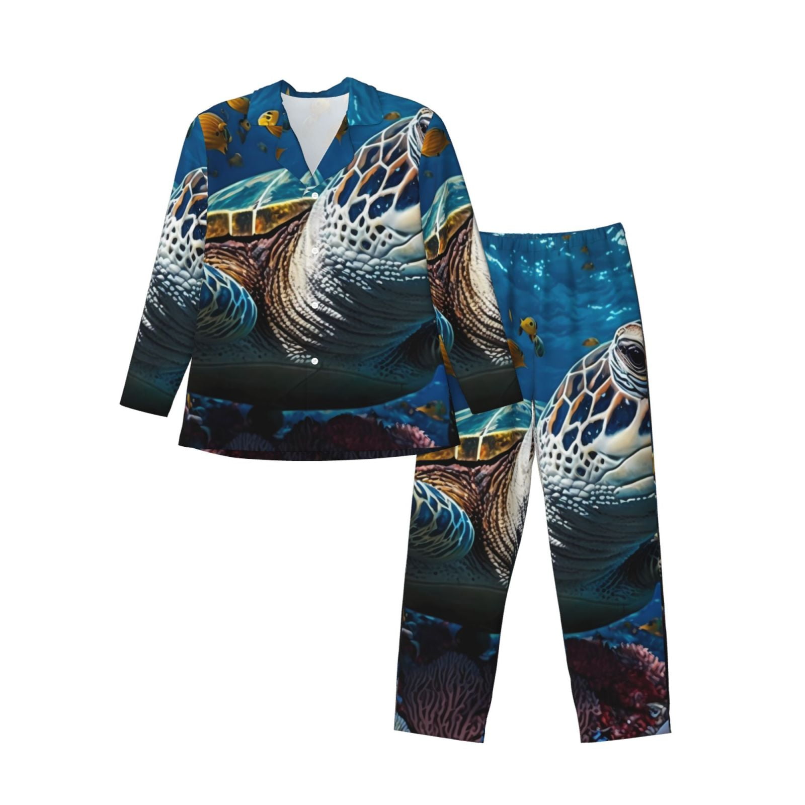 Balery Ocean Coral Turtle Pattern Pajama Sets for Men Long Sleeve 2