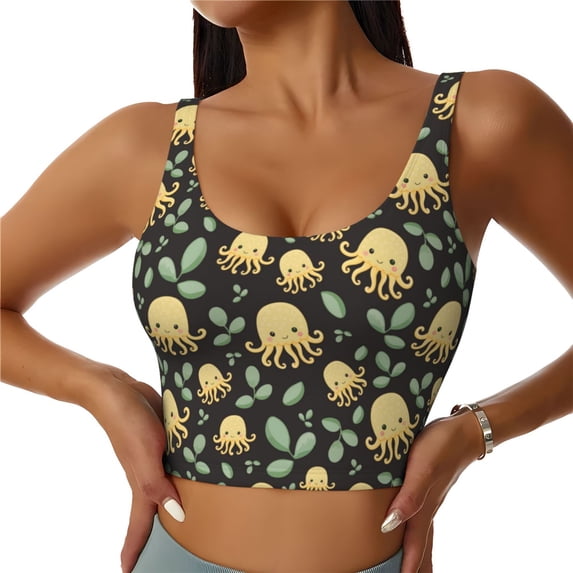 Balery Octopuses And Leaves Pattern Racerback Sports Bras for Women - Padded Seamless High Impact Support for Yoga Gym Workout Fitness-Medium