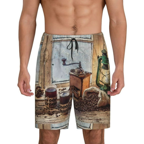 Balery Oil Lamp Coffee Beans Men's Cotton Knit Pajama Shorts Waistband & Pockets,Short Pajama Pants-3X-Large