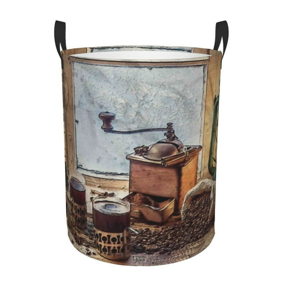 Balery Oil Lamp Coffee Beans Round Laundry Basket with Handles Waterproof Freestanding Laundry Hamper for Clothes Toys in the Dorm and Family-Small